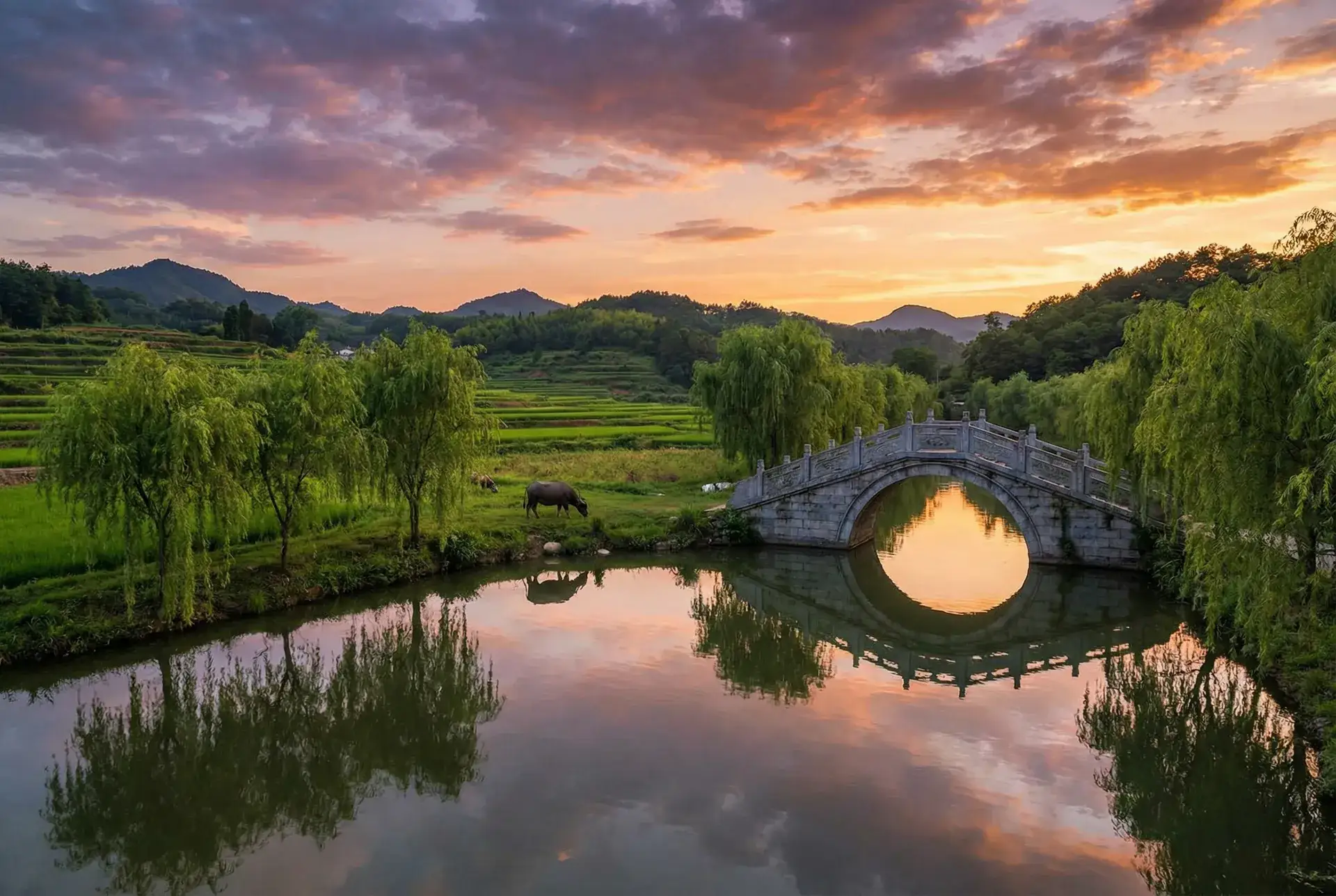 夕阳下的石拱桥与垂柳，水牛在河边吃草 - 不二神探演员表 乡村美景