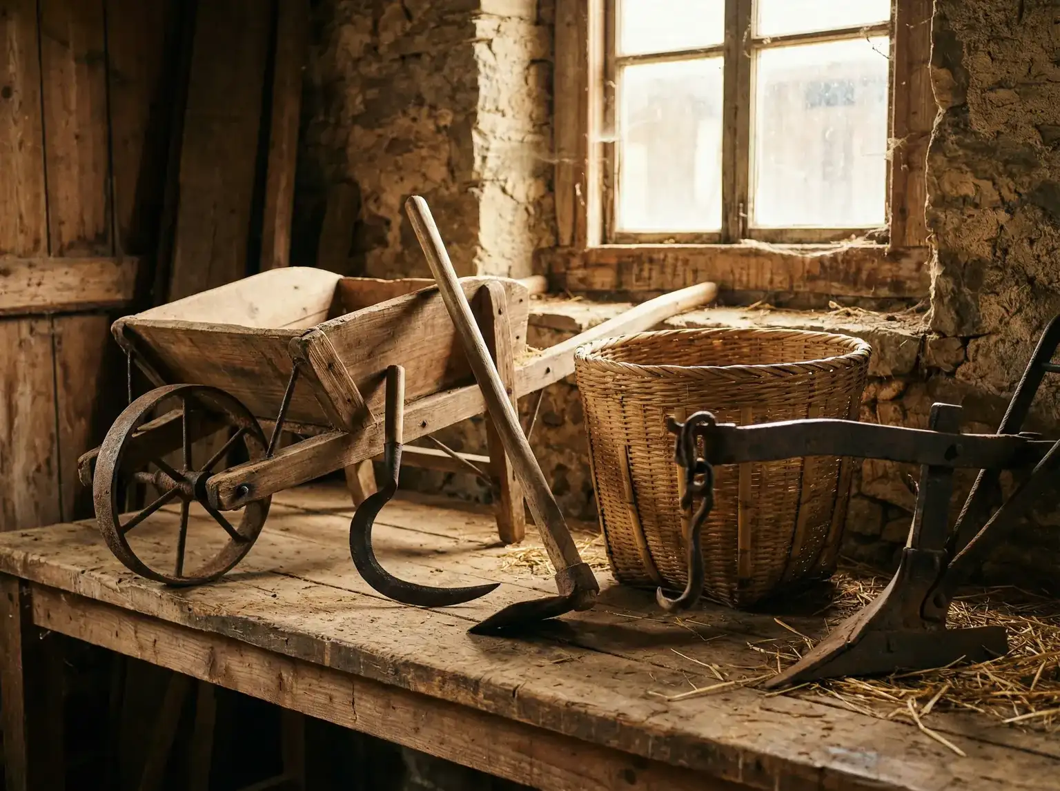 传统农具陈列在木质工作台上 - 不二神探演员表 农具评测